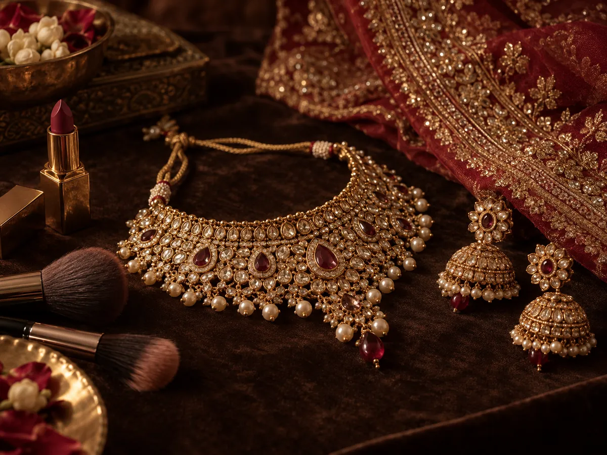 Bridal jewellery, lipstick and brushes on velvet