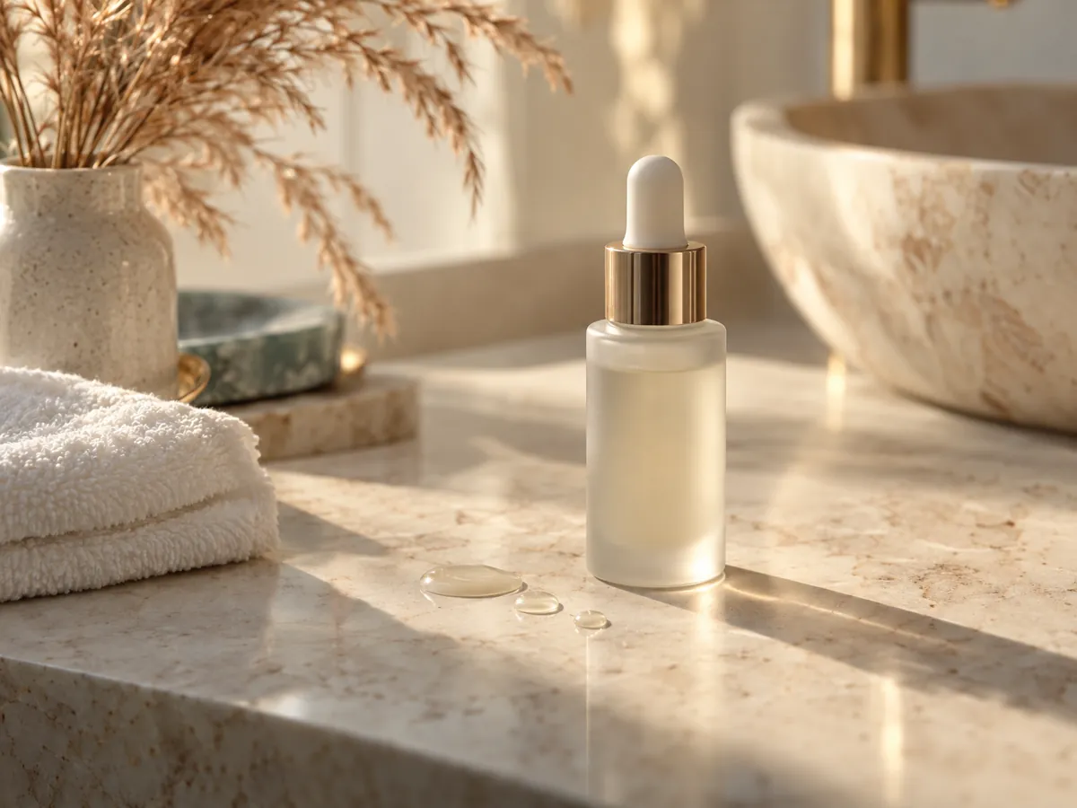 Serum bottle and droplets on marble
